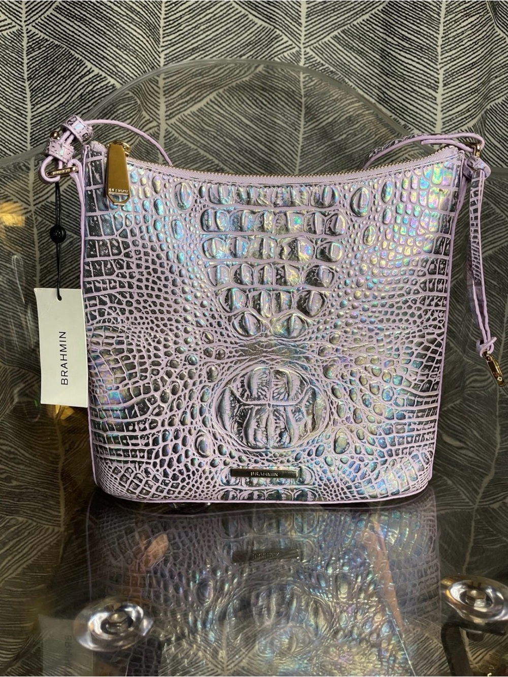 Brahmin Iridescent Lavender Croc-Embossed Shoulder Bag with Holographic Sheen